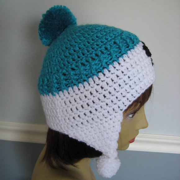 Teal Snowman Hat for Teens or Adults/Unisex Hand Knit Beanie w/ Pom Pom's - SALE - Picture 2 of 6